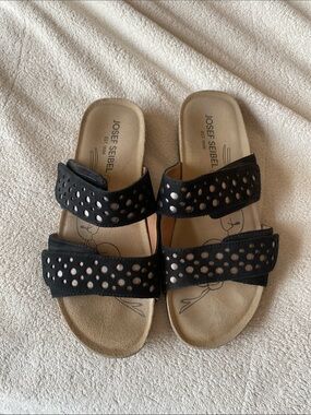 Josef Seibel Black Double-Strap Perforated w shiny backing Slide Sandals sz 38